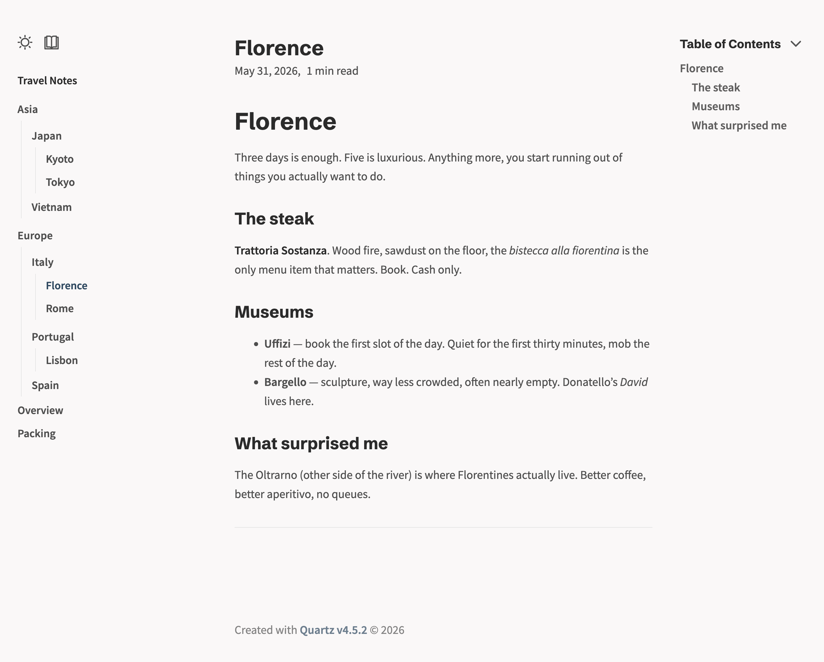 A published folder bundle with a hierarchical sidebar showing nested subfolders; the current note "Florence" is highlighted inside Europe → Italy.
