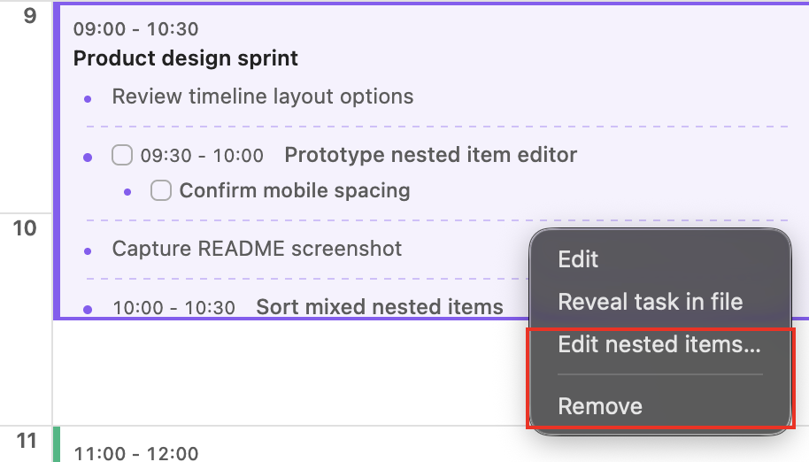 Day Planner Enhanced timeline context menu with Edit nested items action