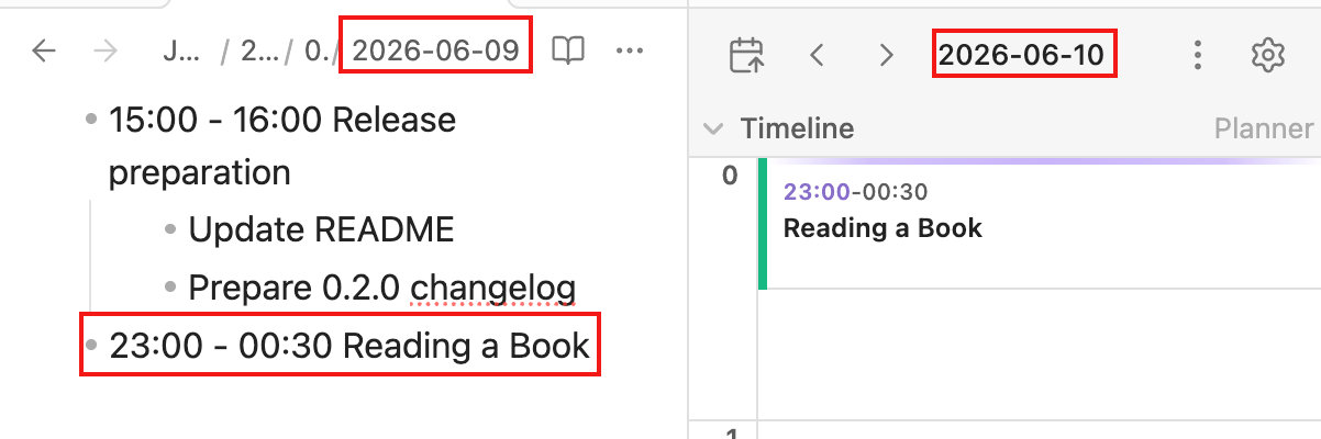 Overnight plan written in the start day's daily note and shown in the next day's timeline