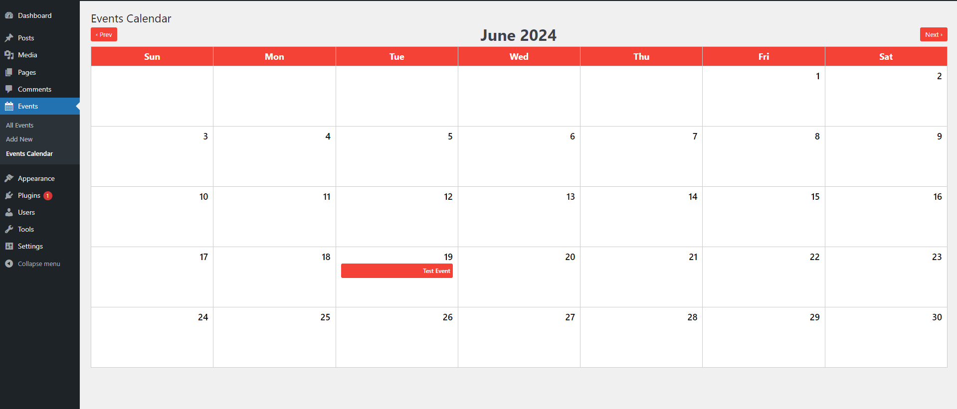 Admin Calendar Screenshot