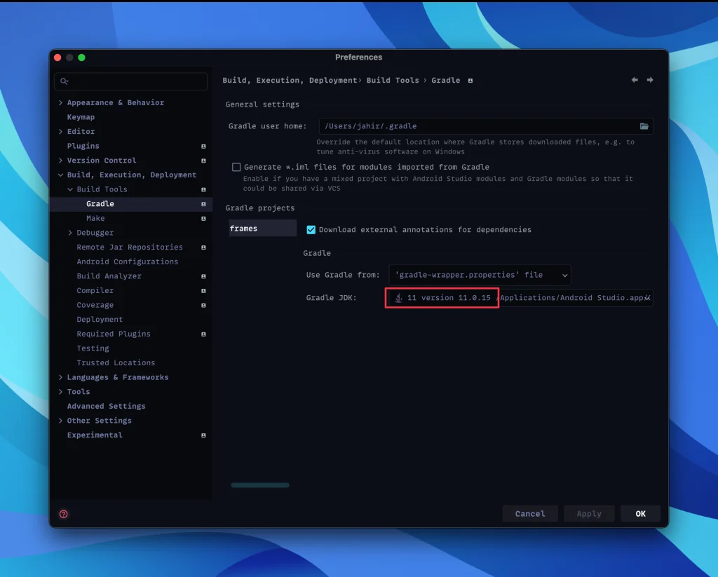 Android Studio settings, in Build, Execution, Deployment, Build Tools, Gradle