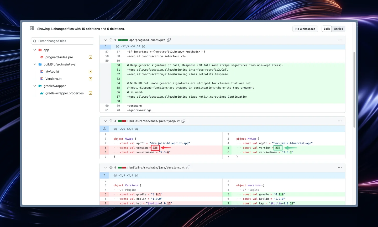 A commit on GitHub, with the changed files on the left, and removed lines in red and added lines in green on the right