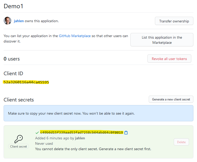 GitHub ClientID and Client Secret