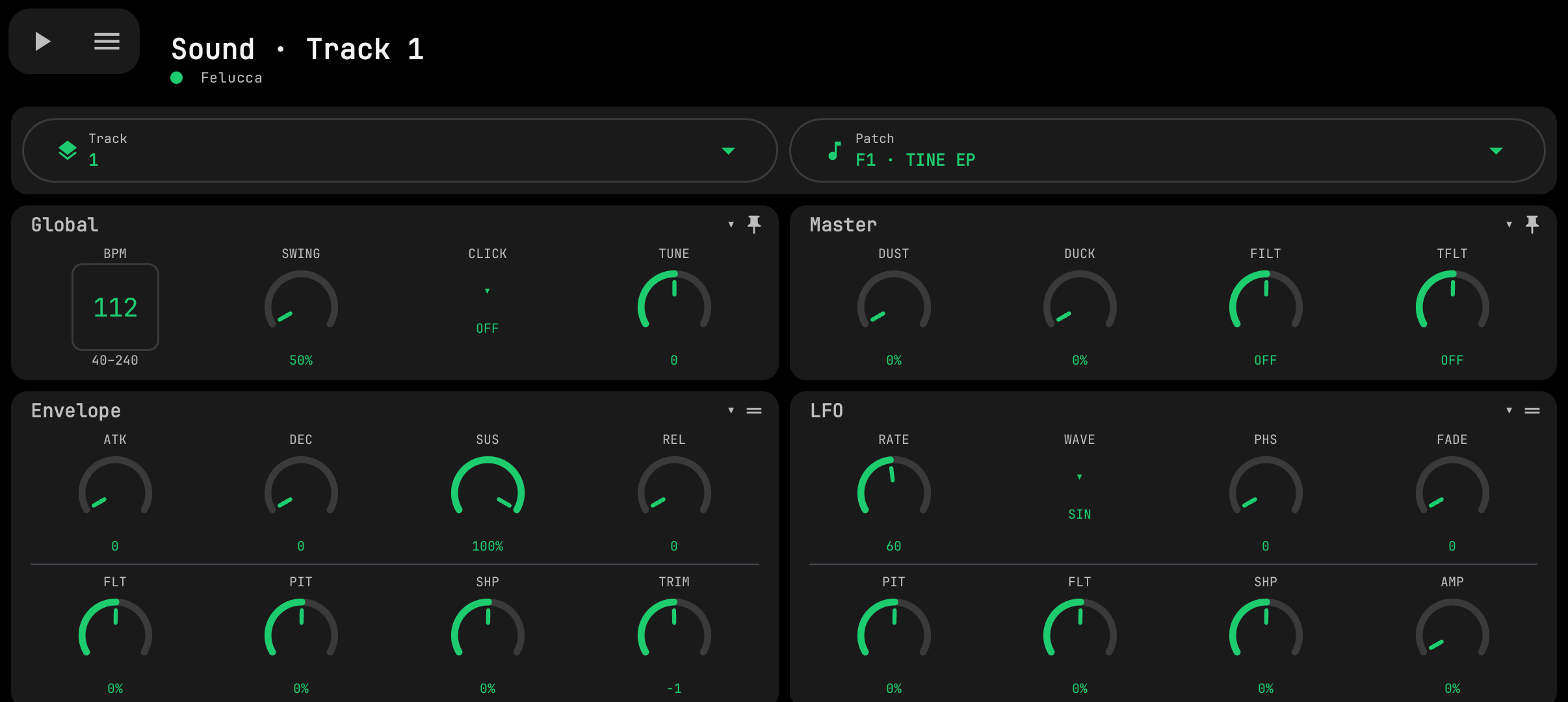 Sloop Go sound page for track 1 with Global, Master, Envelope and LFO knob blocks