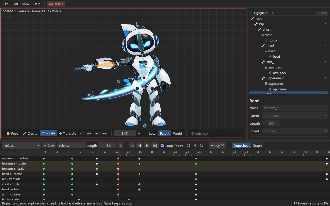 Rigby2D editor with the Rigbytron demo: viewport, bone hierarchy, inspector and dopesheet