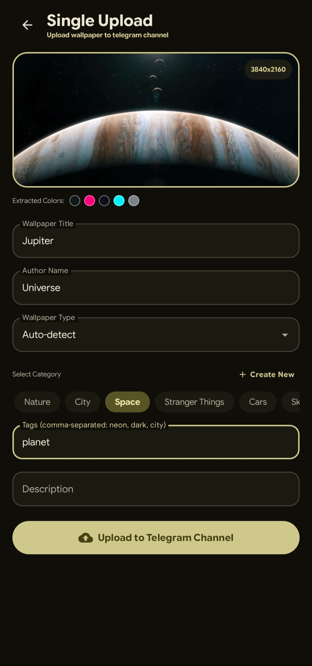 Single Upload screen