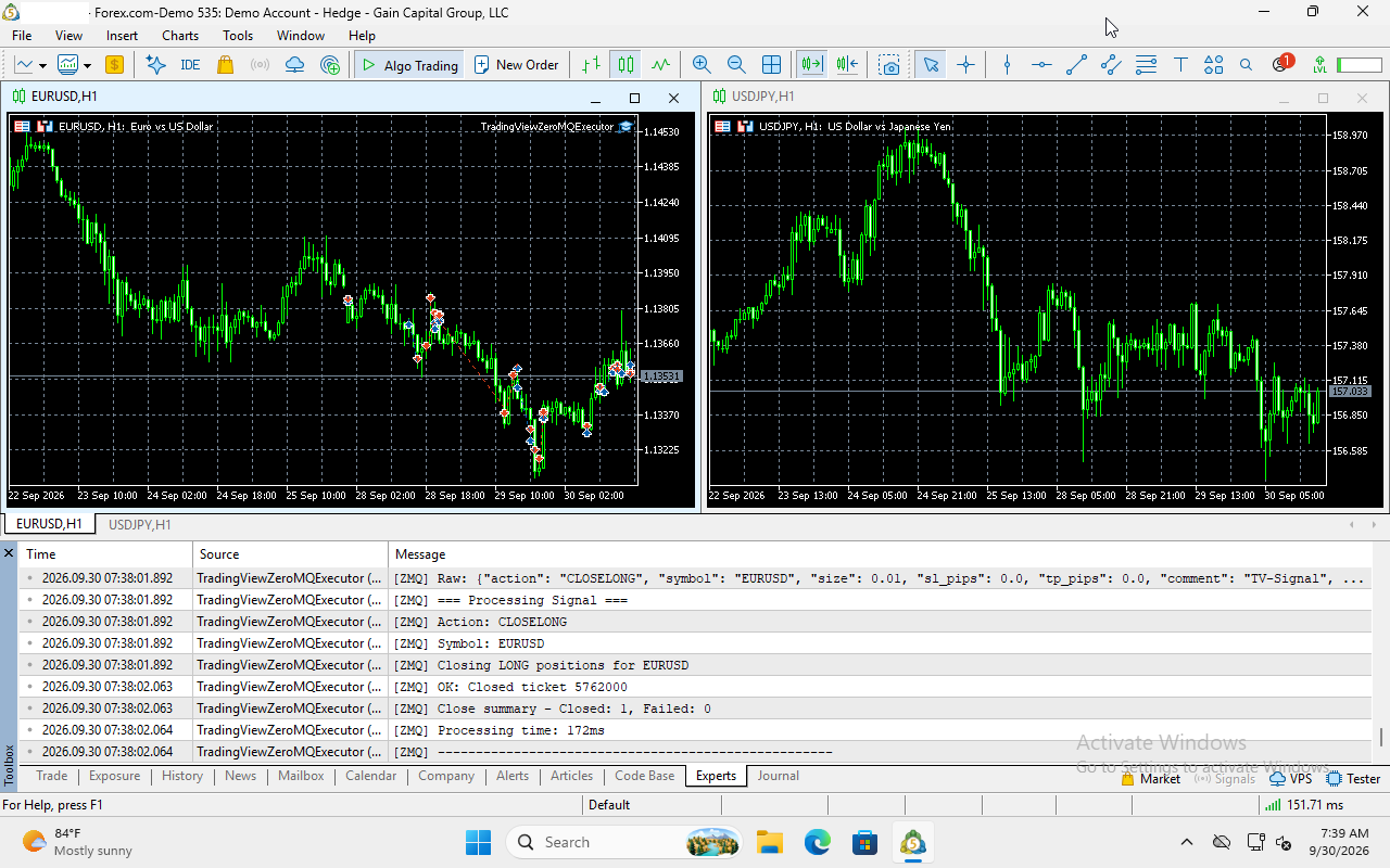 MetaTrader 5 running inside the Windows VM, with the EA's log in the Experts tab