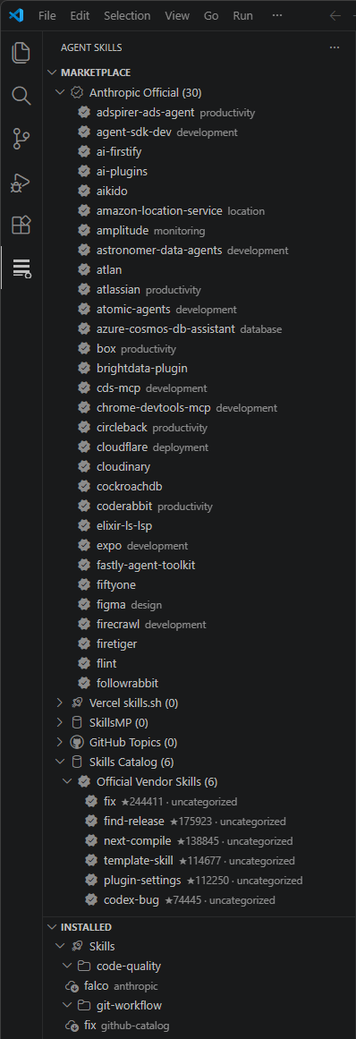 Sidebar with official vendor skills