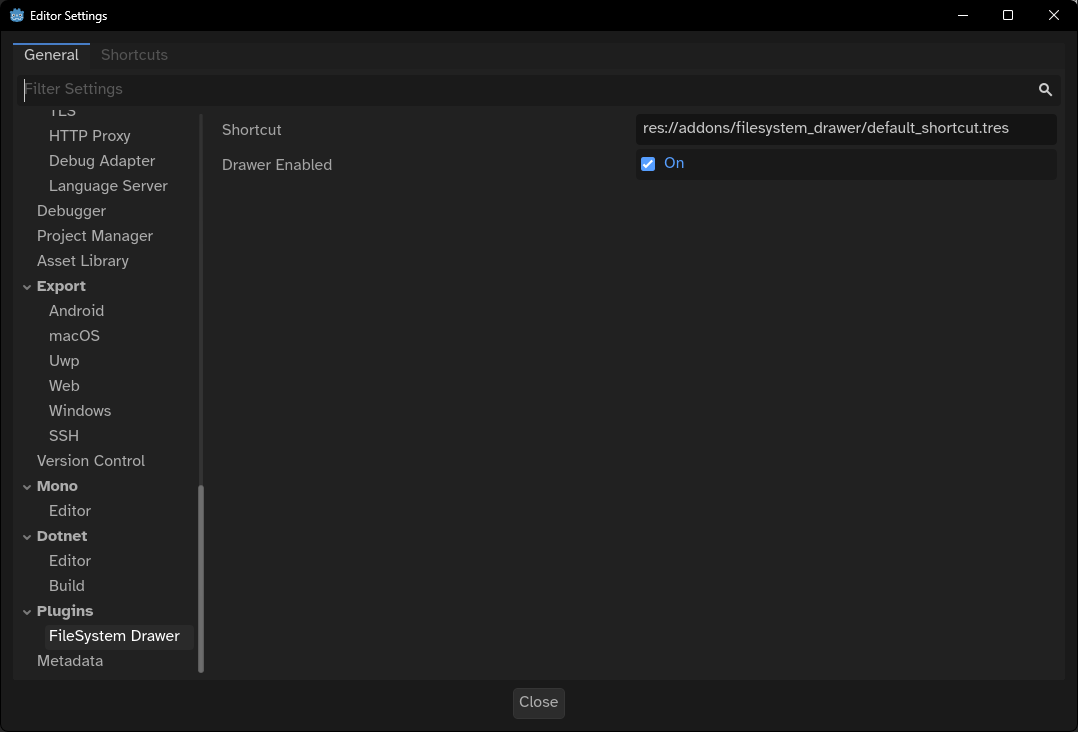 godot editor settings, showing the plugin's settings