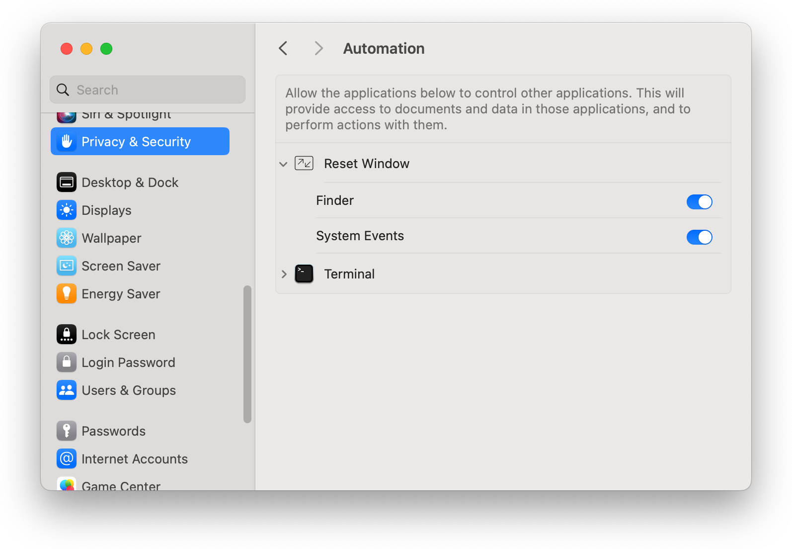 Screenshot of Automation settings