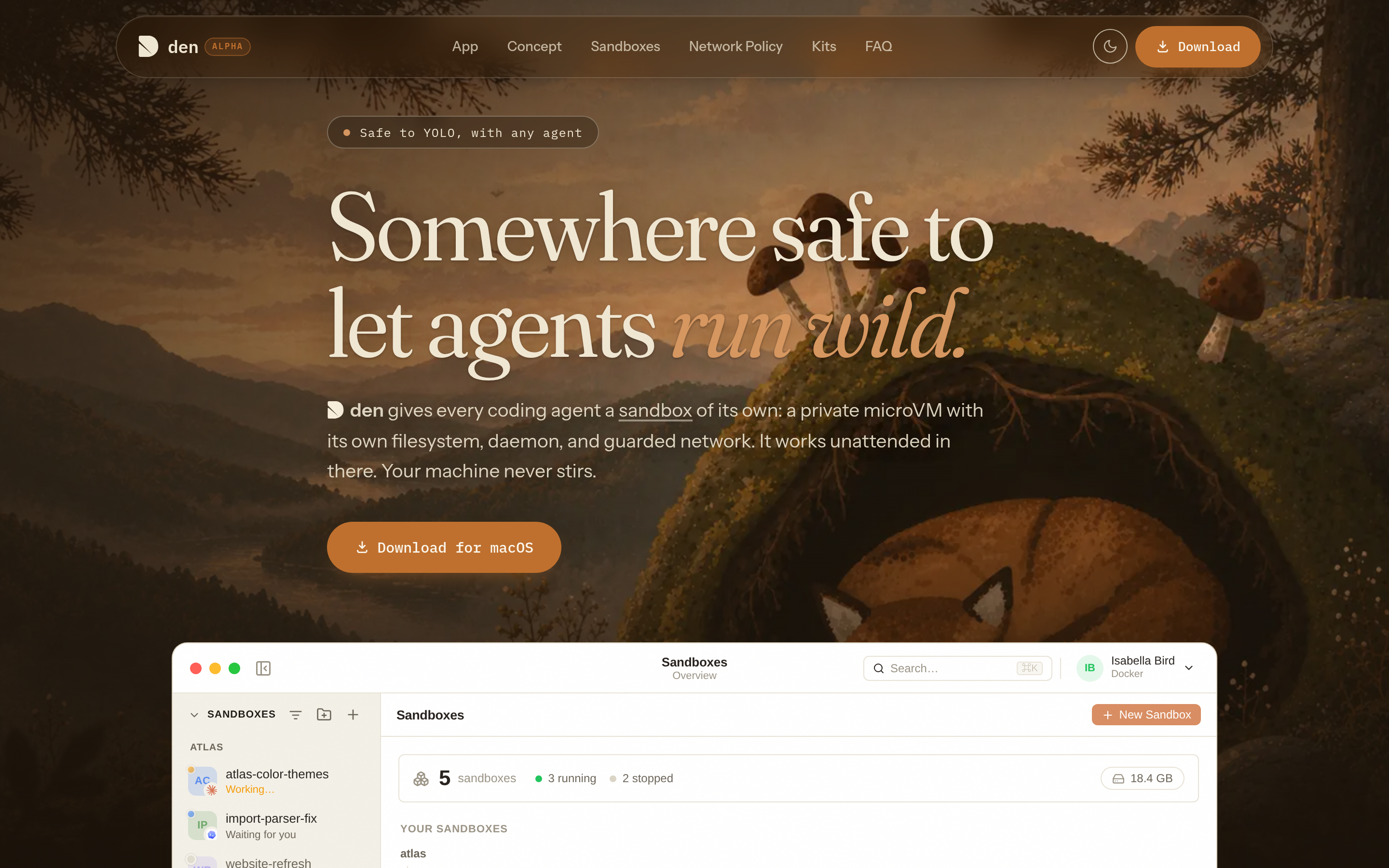 den landing page