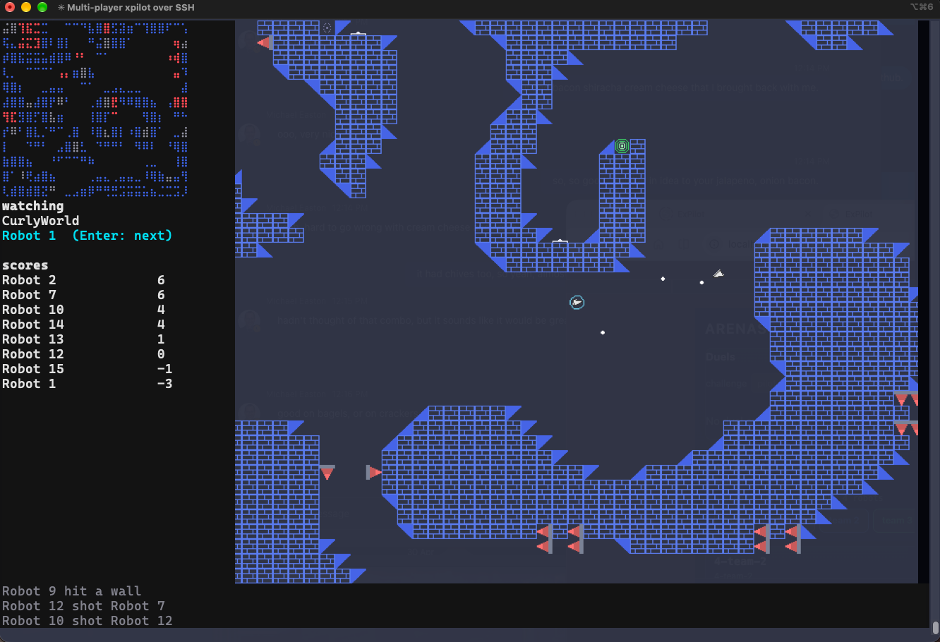 CurlyWorld zoomed out to an eighth, the arena wrapping around itself, robots fighting across it