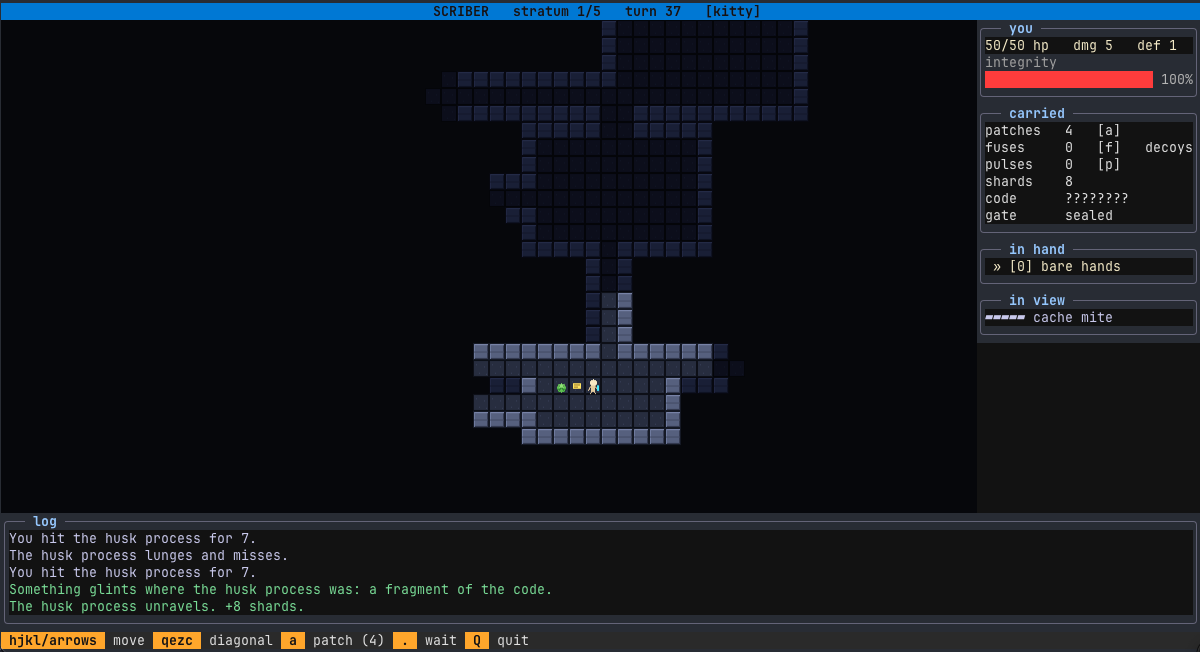 Scriber: a husk process unravels beside the player, a cache mite in view, the log telling the fight