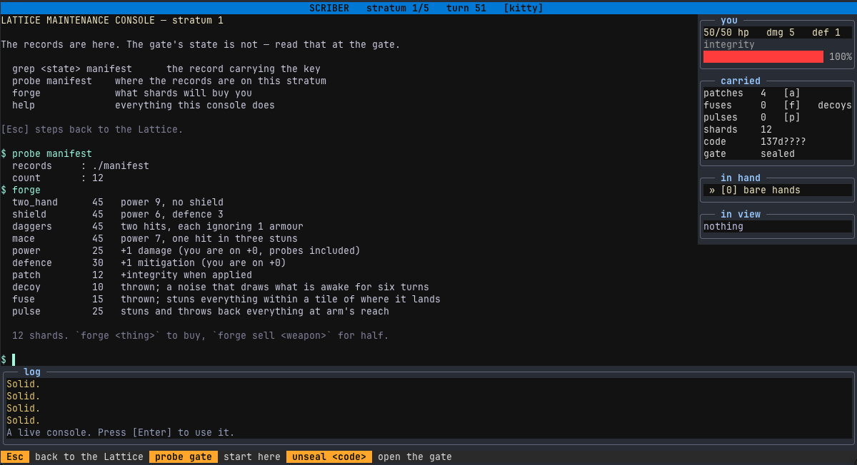 Scriber's console: probe manifest and forge, with the stratum's records and what shards buy