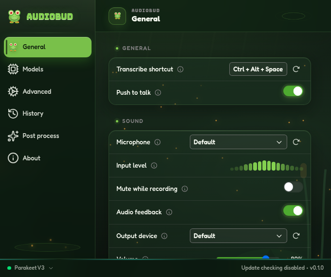 AudioBud general settings in dark mode with shortcut, microphone, and audio feedback controls.