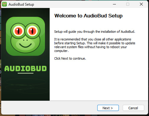 AudioBud installer welcome screen with the frog mascot and the AudioBud wordmark.