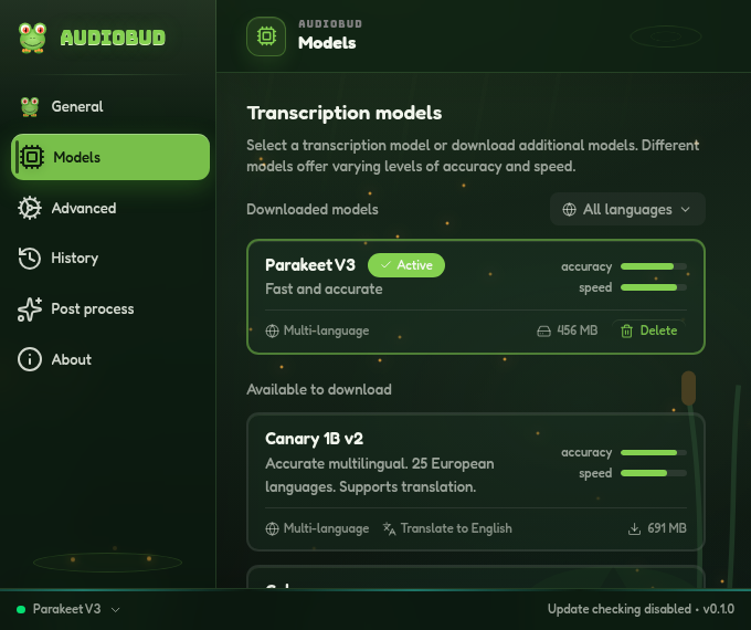 AudioBud model management in dark mode with Parakeet V3 active and other engines available to download.