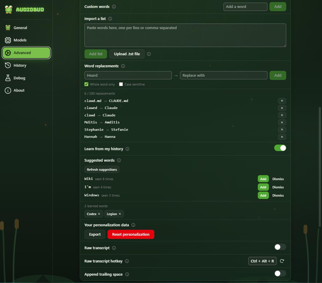 AudioBud advanced settings showing custom words, word replacements, the learn-from-history toggle, suggested and learned words, and the export and reset personalization controls.