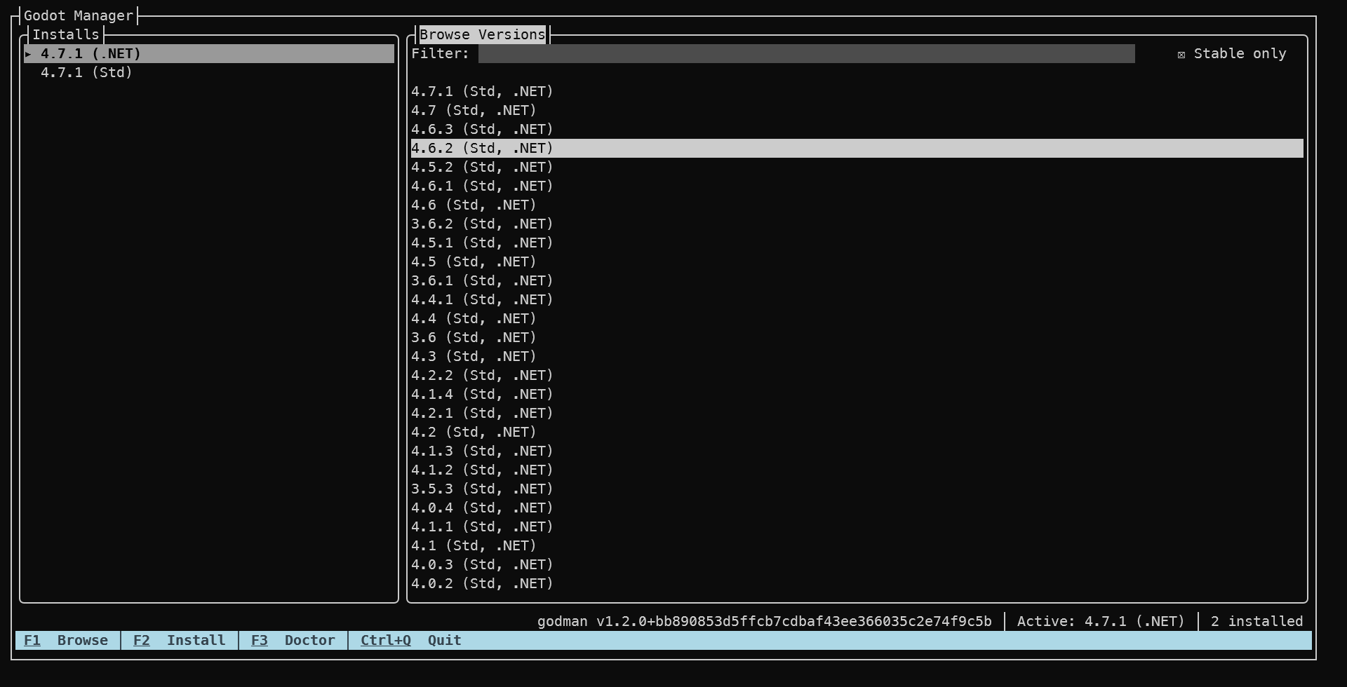 godman TUI browsing available Godot versions
