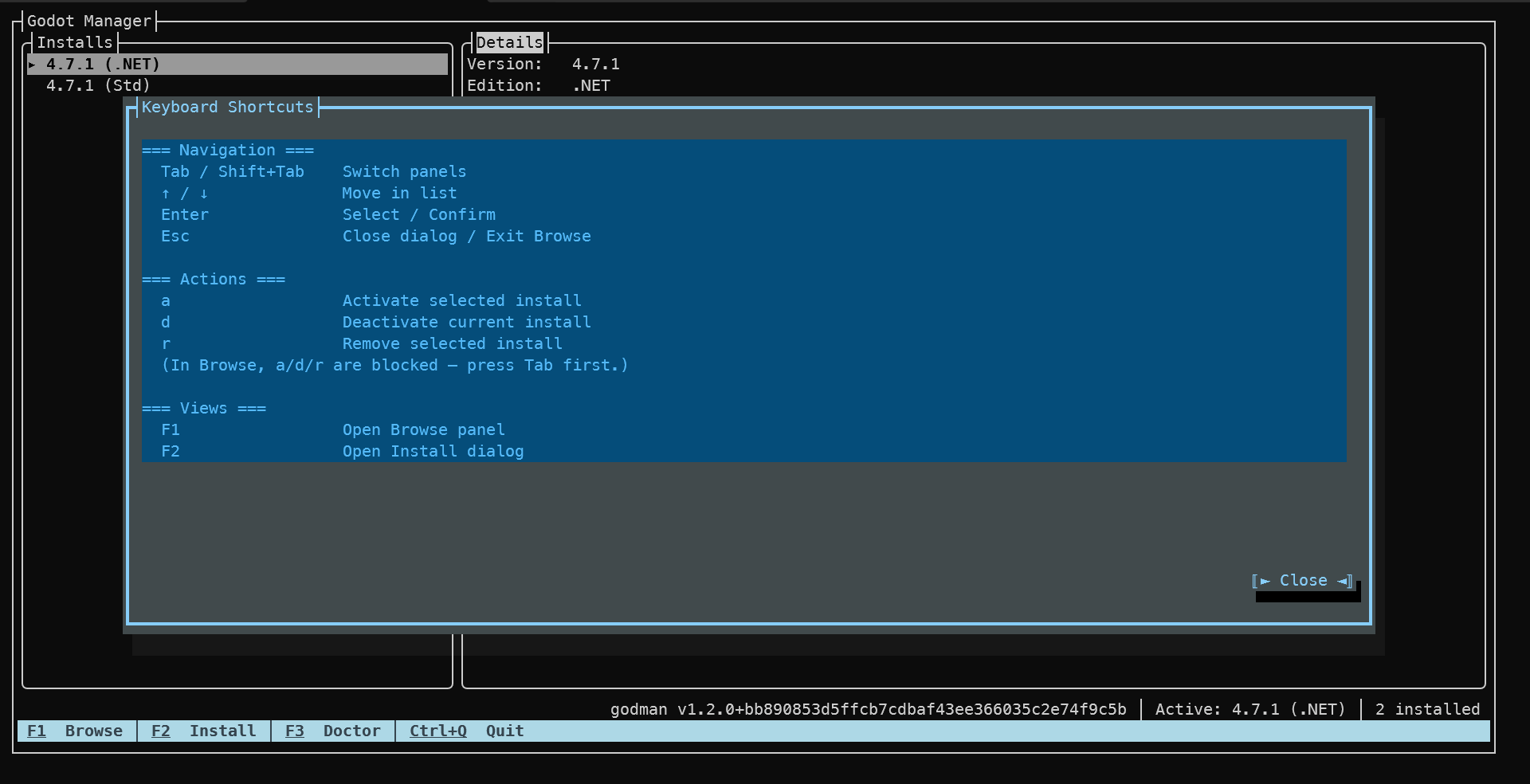 godman TUI keyboard shortcuts overlay