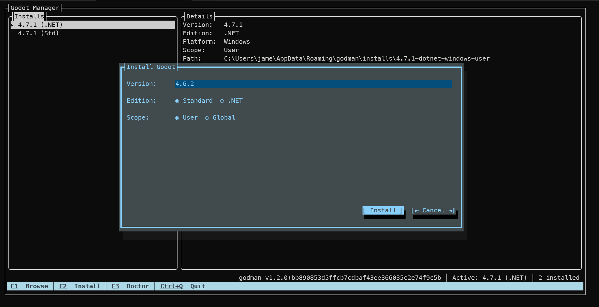 godman TUI install dialog