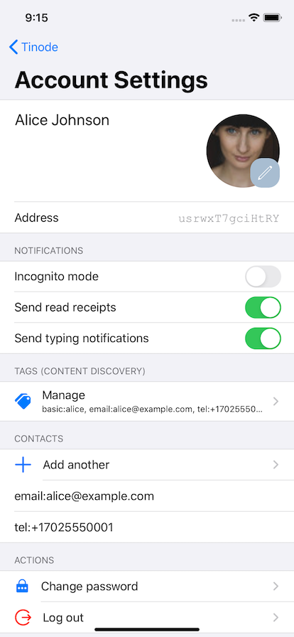 iOS screenshot: account settings