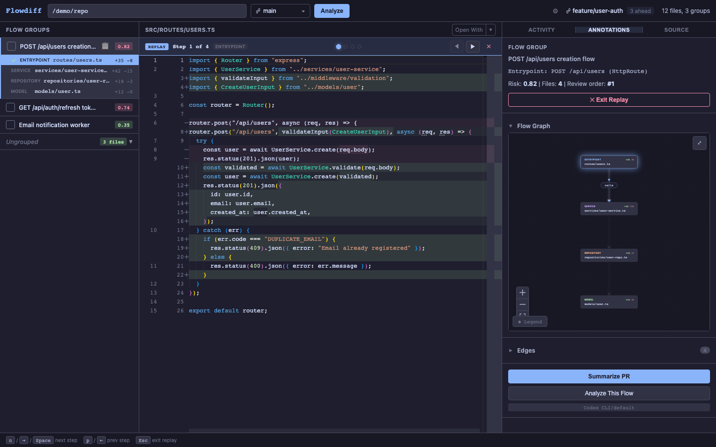 Replay mode stepping through files in review order