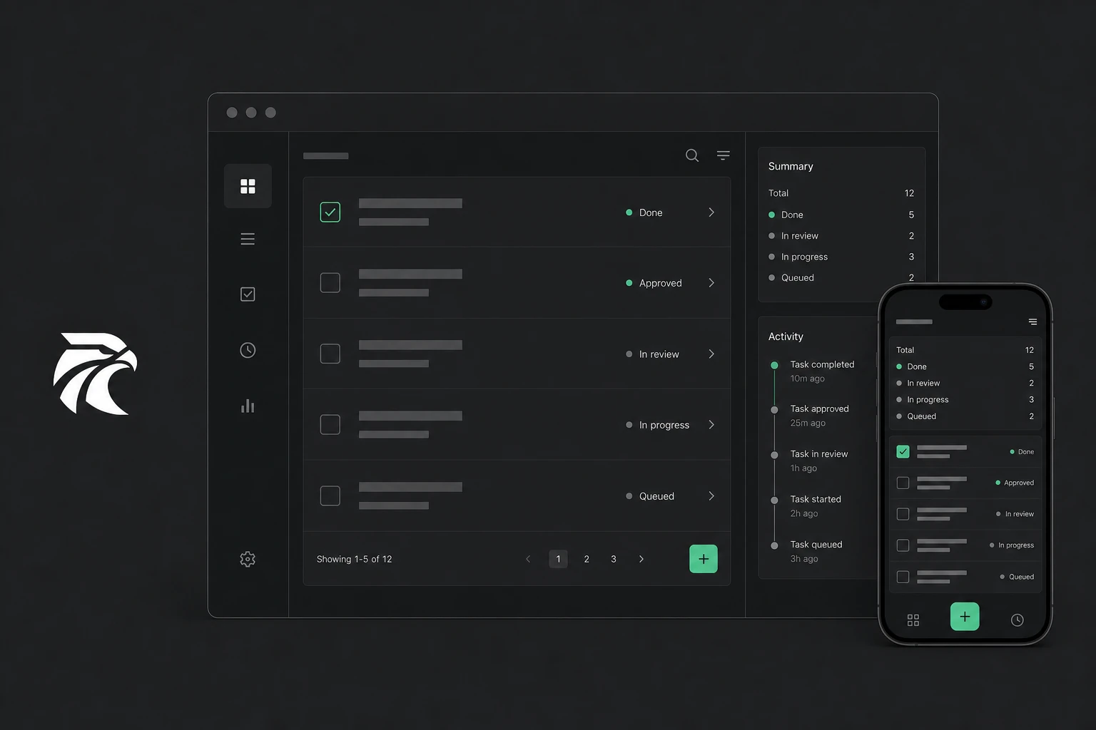 FalconDeck showing coding-agent work on desktop and mobile
