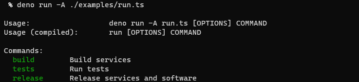 Shows the result of running 'deno run -A examples/run.ts', which shows a list of options