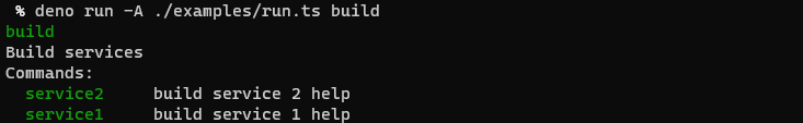 Shows the result of running 'deno run -A examples/run.ts build', which shows a list of build options