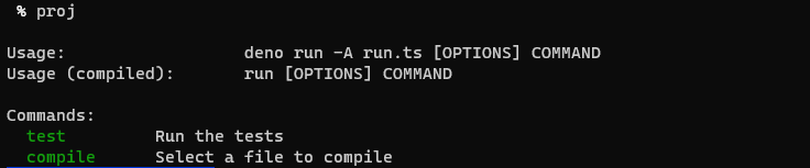 Shows the result of running proj, which is a list of commands along with help: test and compile