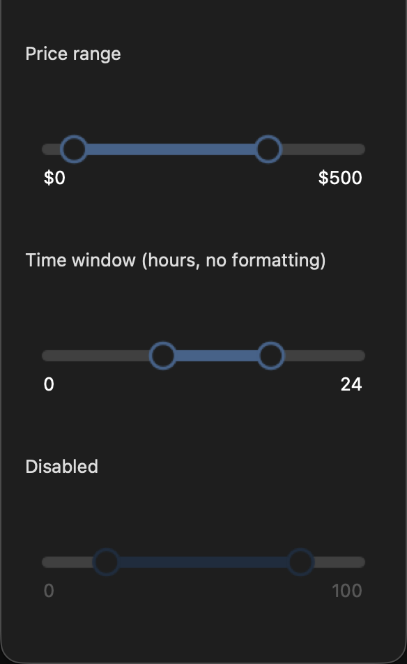 Three RangeSlider widgets: a Price range slider from $0 to $500, a Time window slider from 0 to 24 with no formatting, and a disabled slider.