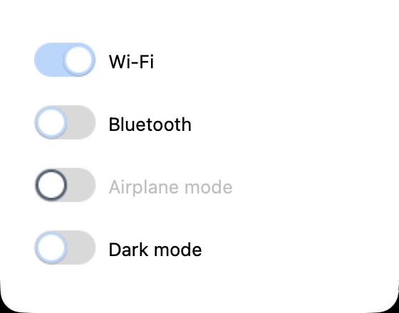 A settings panel with four Tryst::Switch toggles: Wi-Fi (on), Bluetooth (off), Airplane mode (disabled, off), and Dark mode (off).