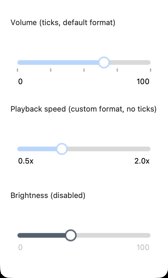 Three ValueSlider widgets: a Volume slider with tick marks at 65/100, a Playback speed slider with a custom "x" format at 1.0x, and a disabled Brightness slider at 40/100.