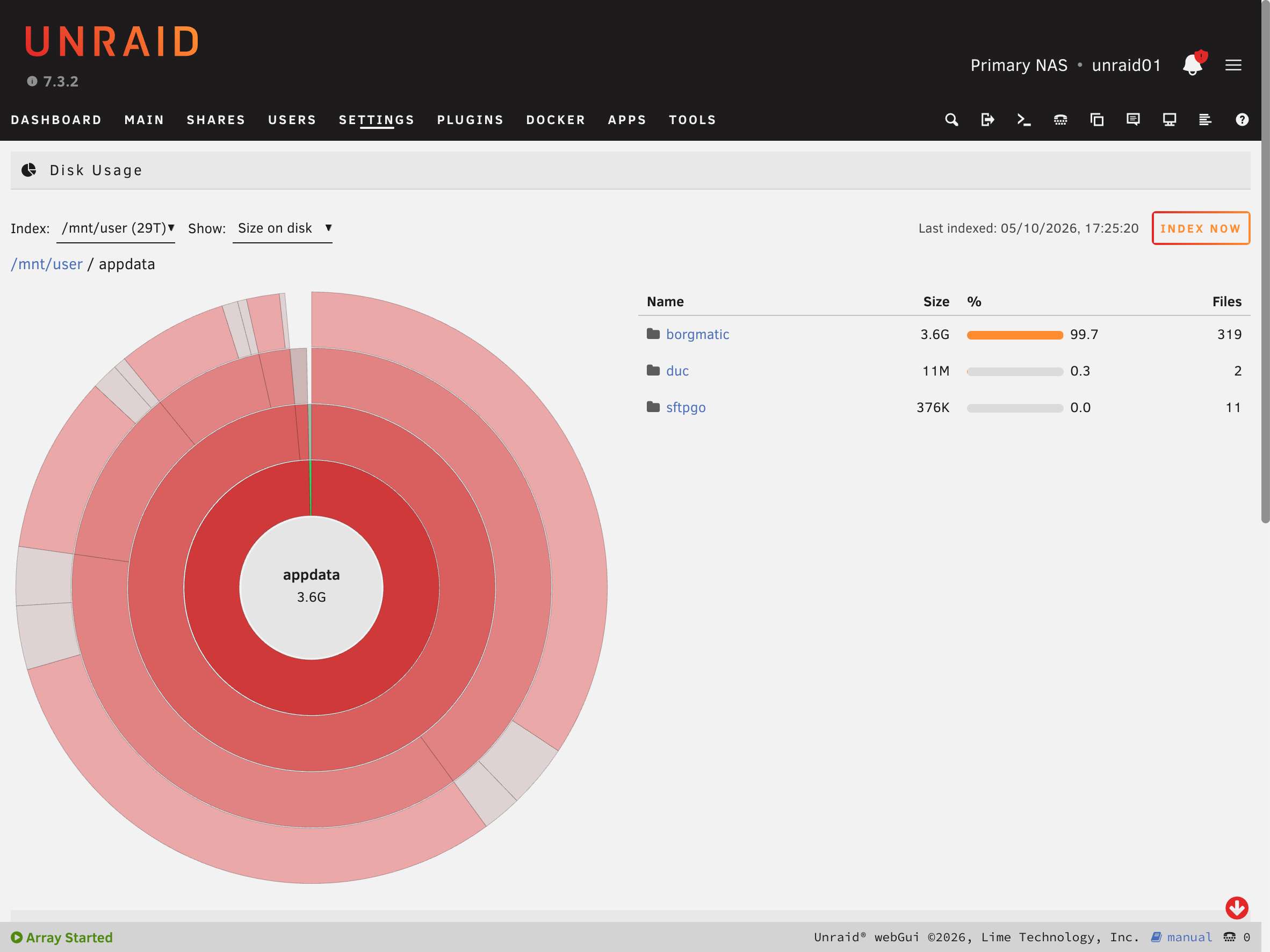 Disk Usage page in the Unraid webGUI