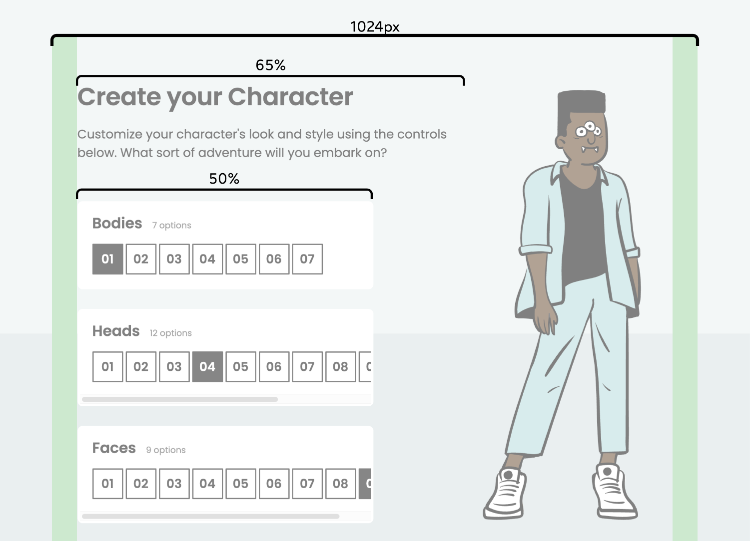 Annotated mockup showing the overall width at 1024px, the header occupying 65%, and the control panels occupying 50%