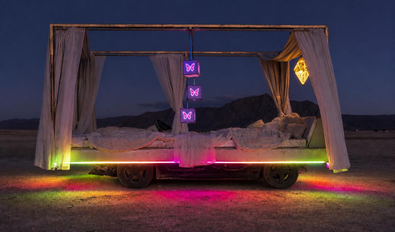 Original rendering of three cubes above a canopied bed on an art car