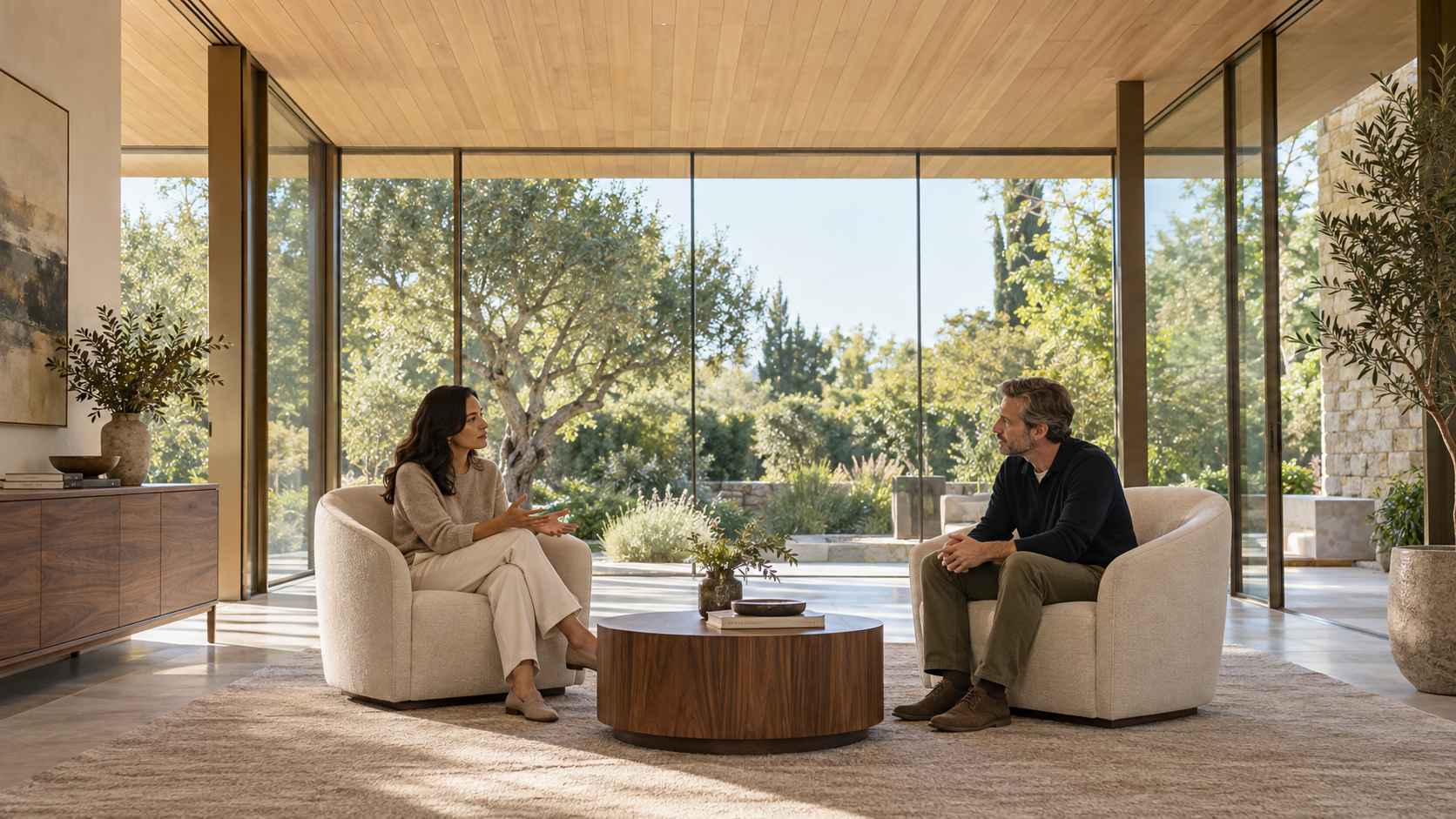 Illustrative care setting: two adults in a thoughtful conversation beneath three equal illuminated cubes, in a warm consulting room facing a garden.