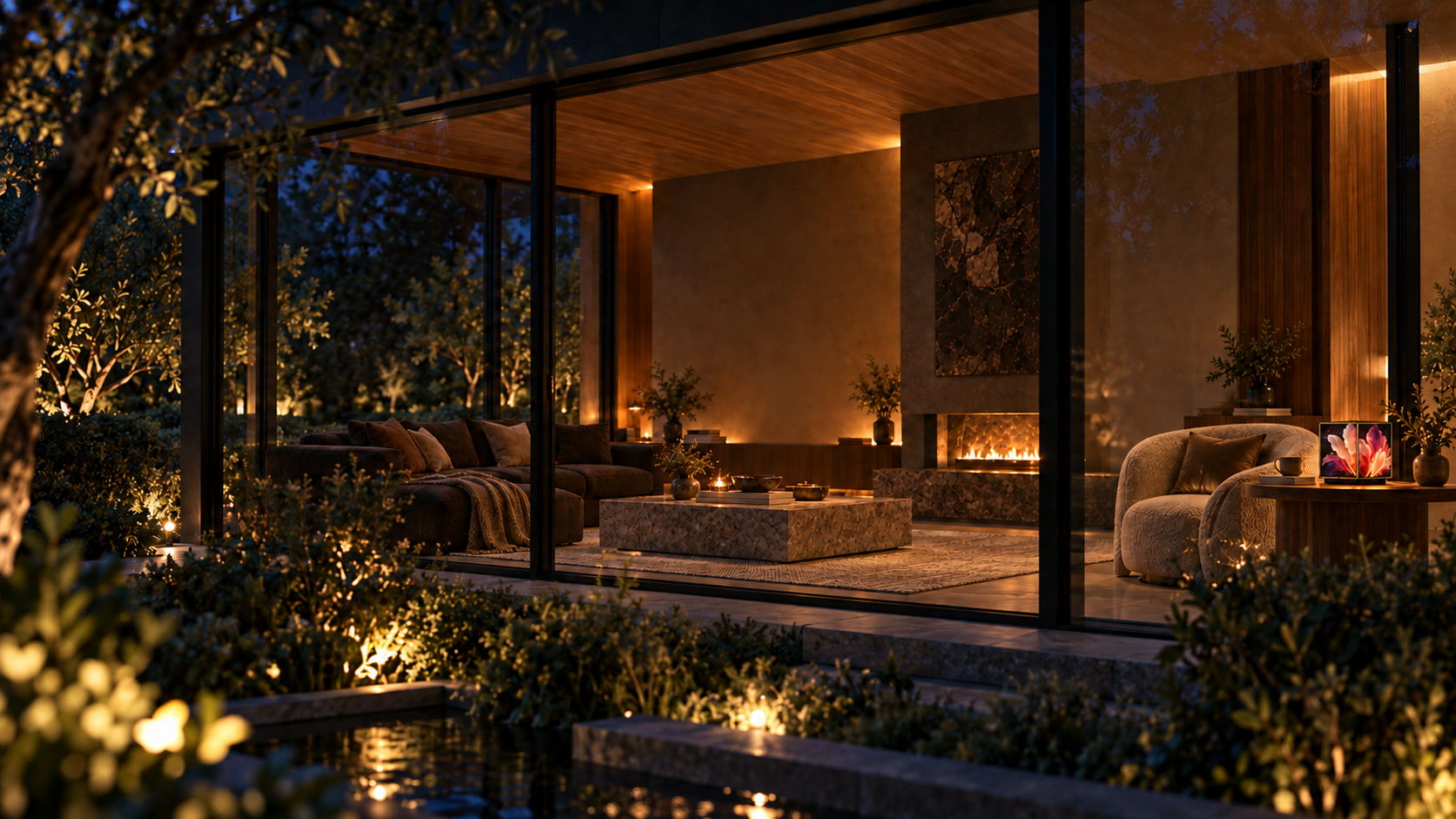 From the garden, looking into a warmly lit glass-fronted living room with the Chandelier and a matching cube Lamp.