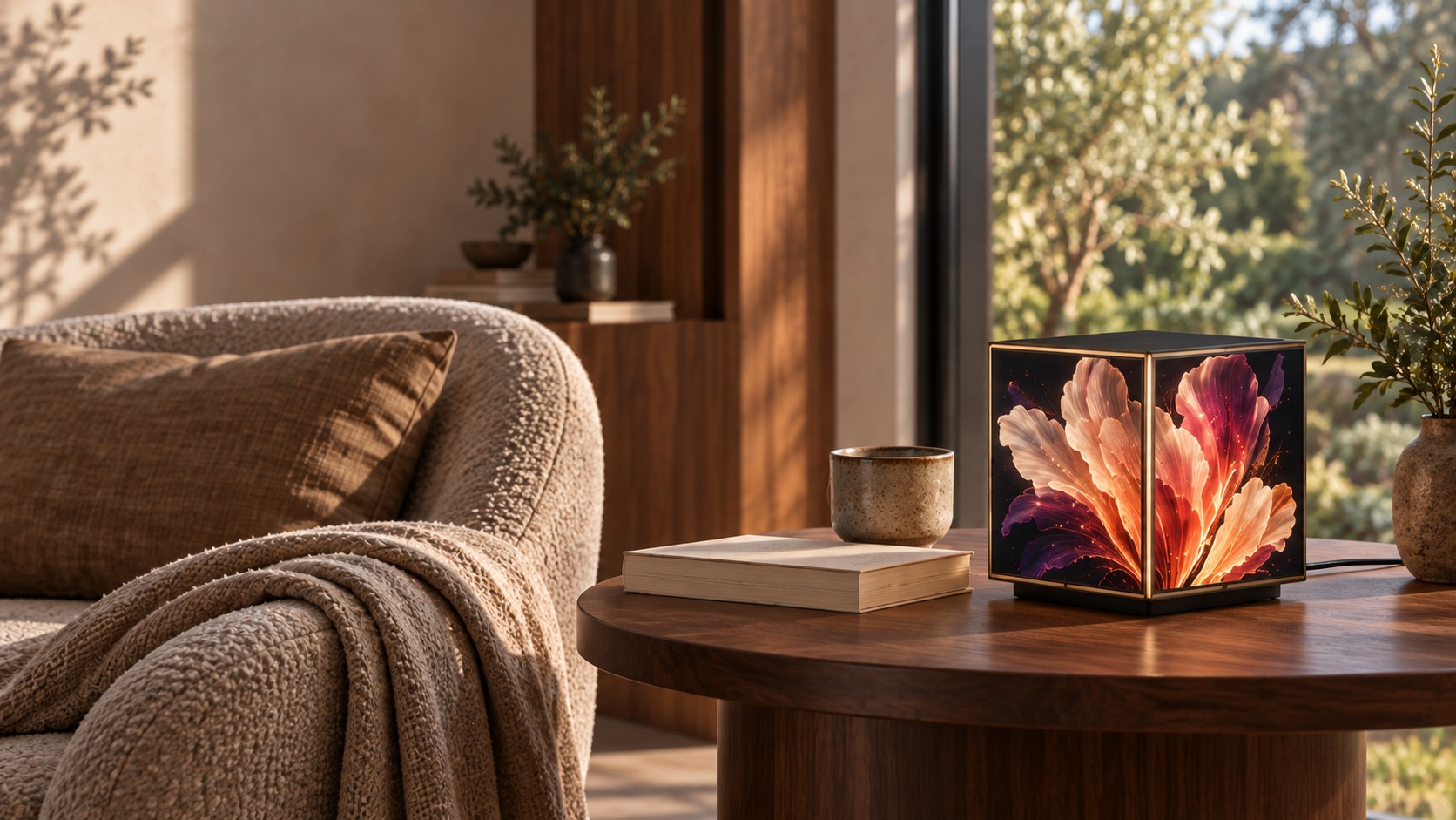 The single-cube Lamp on a side table beside a reading chair.