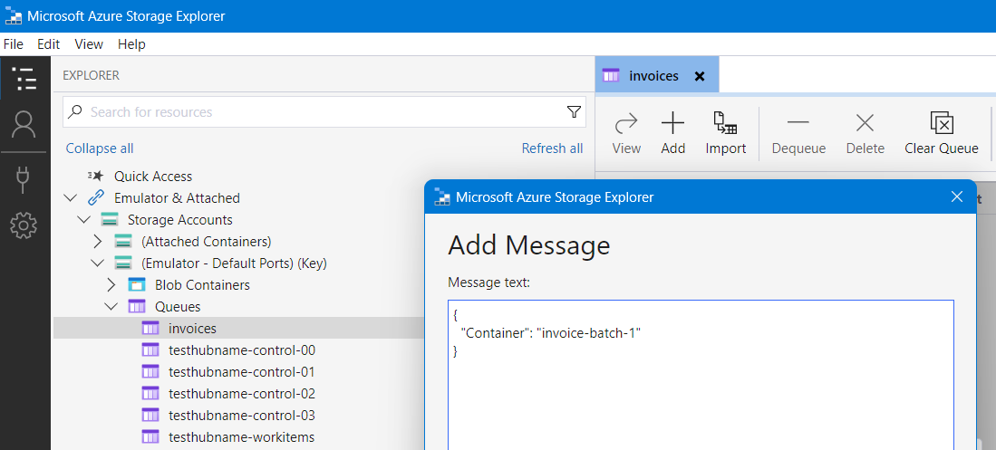 Azure Storage Explorer invoices queue