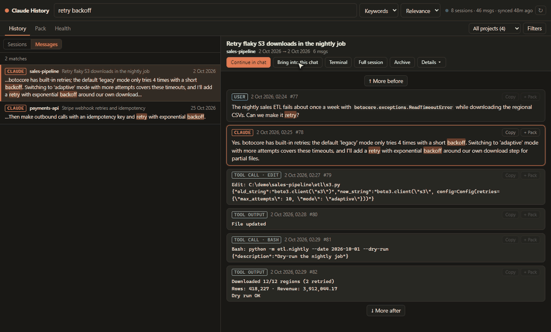 Adding messages from two projects to a context pack, building it, and sending it to Claude's chat