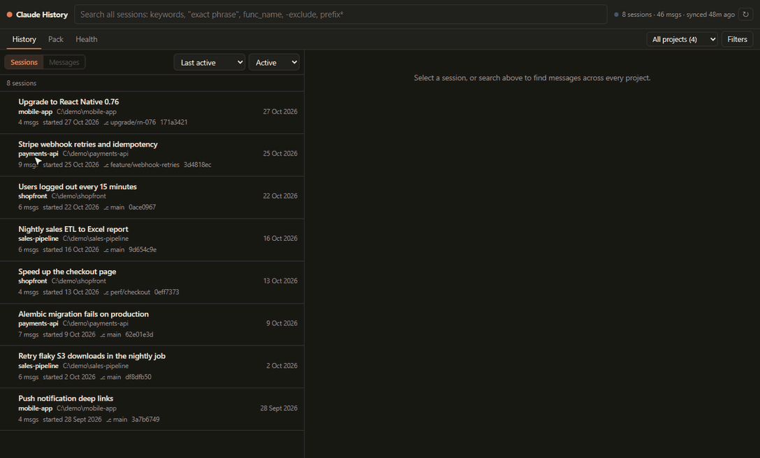Sorting and filtering the session list, opening a session, and bringing it into the current chat
