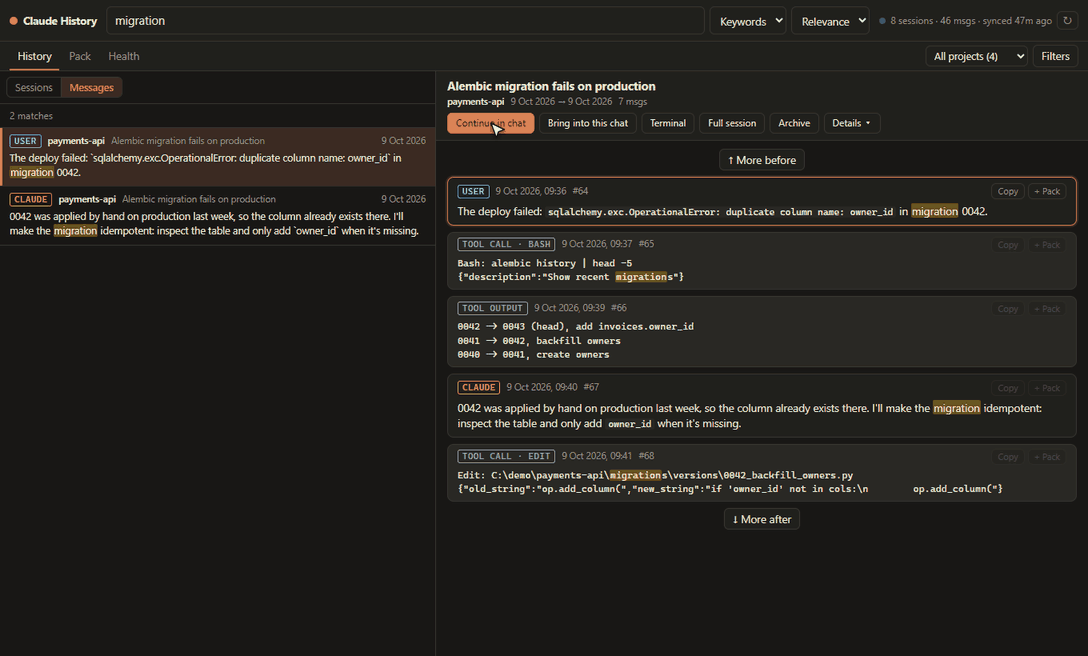 Narrowing a search with filters: hiding tool output, picking a project, then an exact phrase