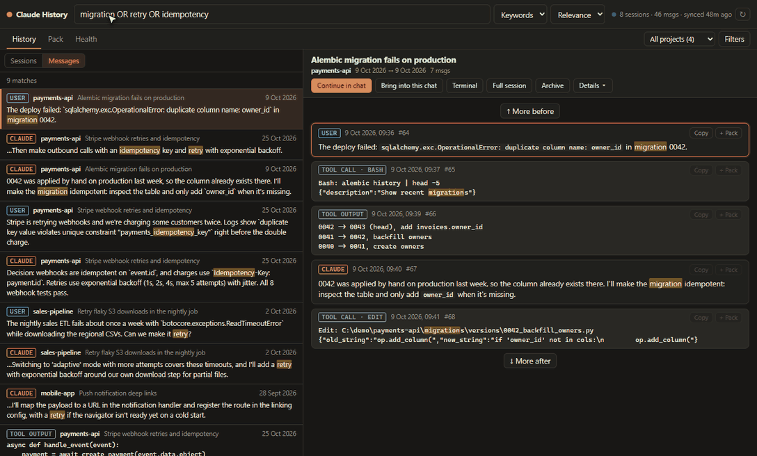 Switching to Sessions to see which conversations contain matches, with a count on each