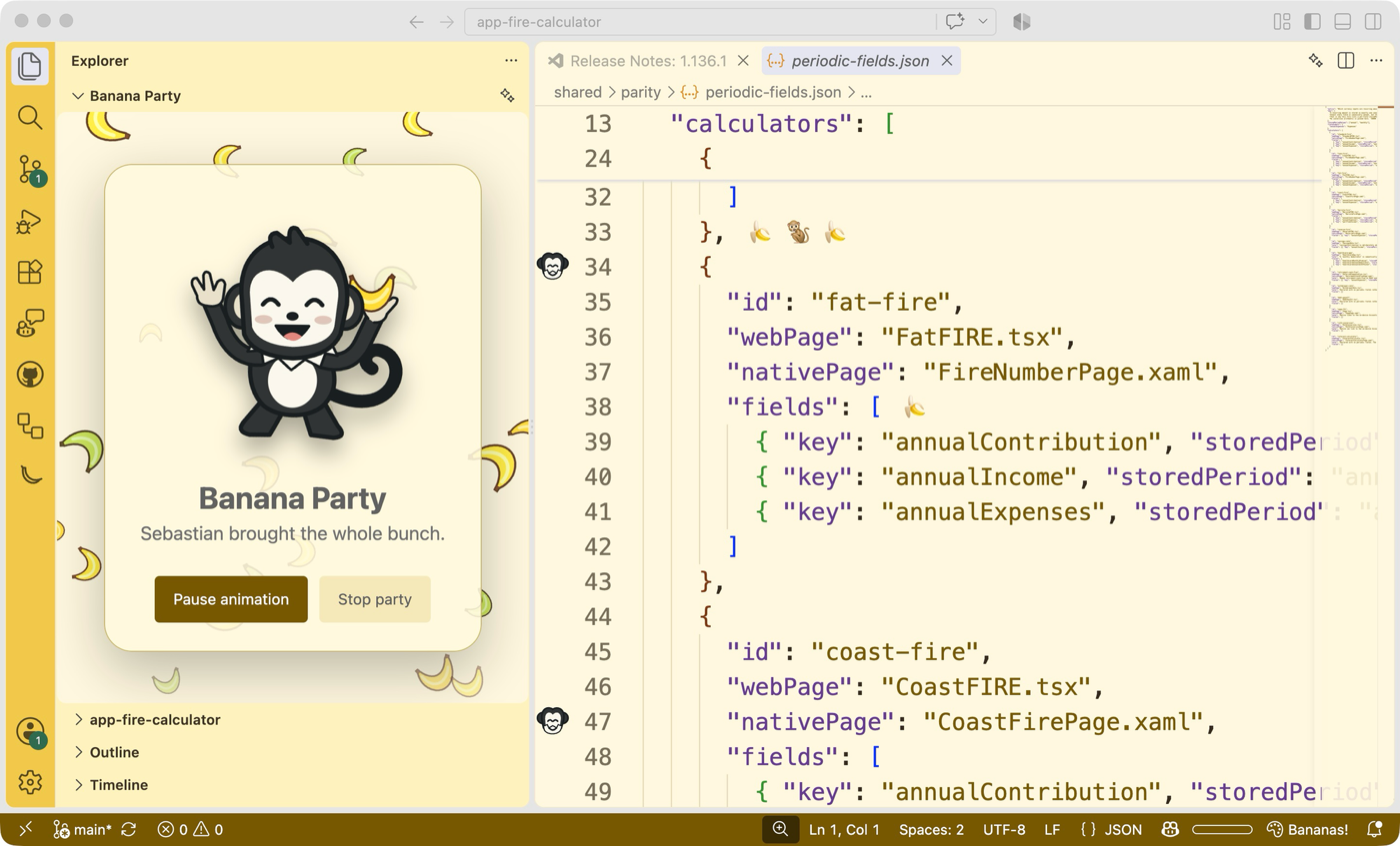 Bananify showing Sebastian in the Explorer Banana Party alongside banana editor and gutter decorations