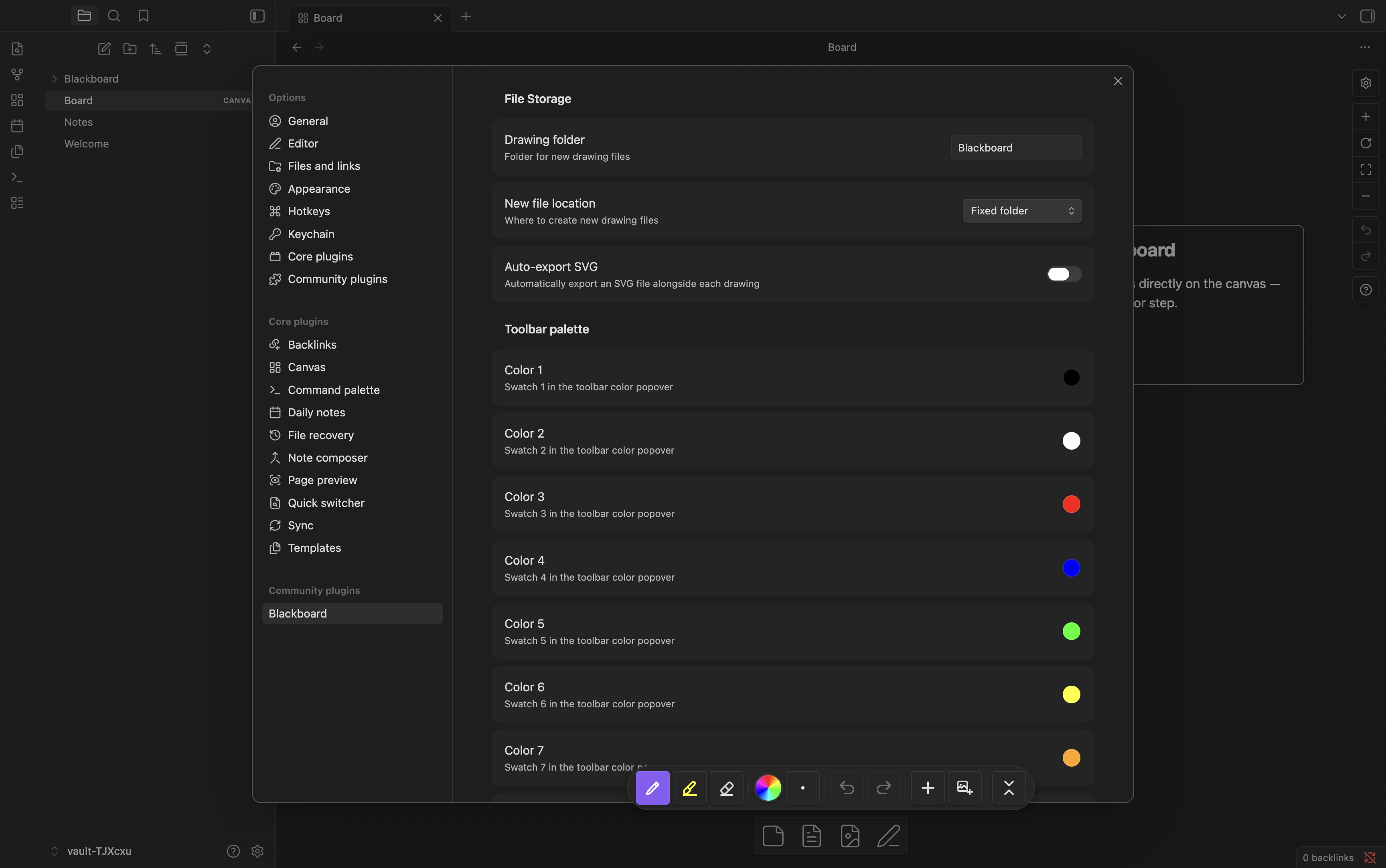 The Blackboard settings tab: file storage, drawing defaults, and input options