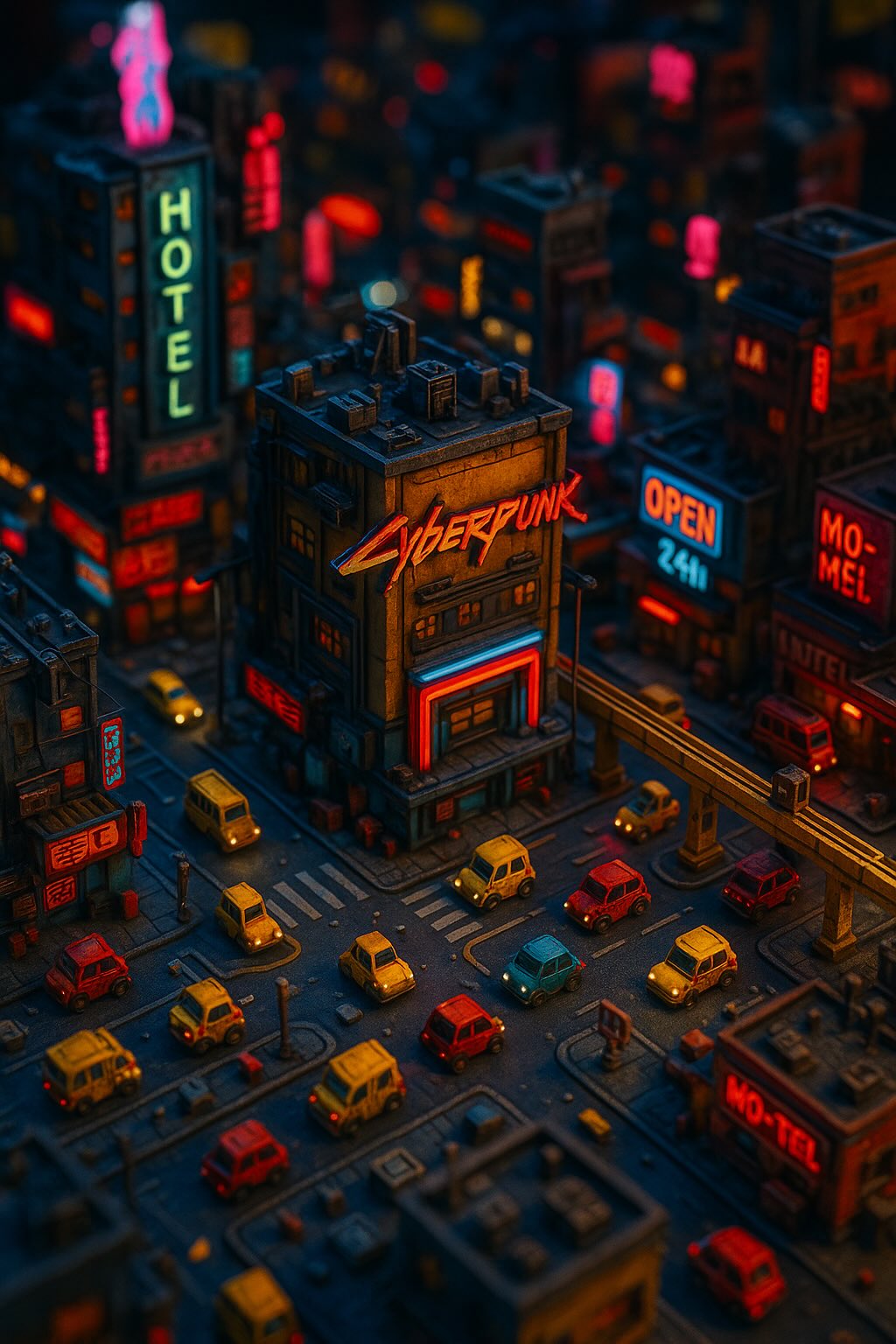 從上方俯瞰的超高細節迷你 Cyberpunk 景觀,採用傾斜移軸鏡頭效果