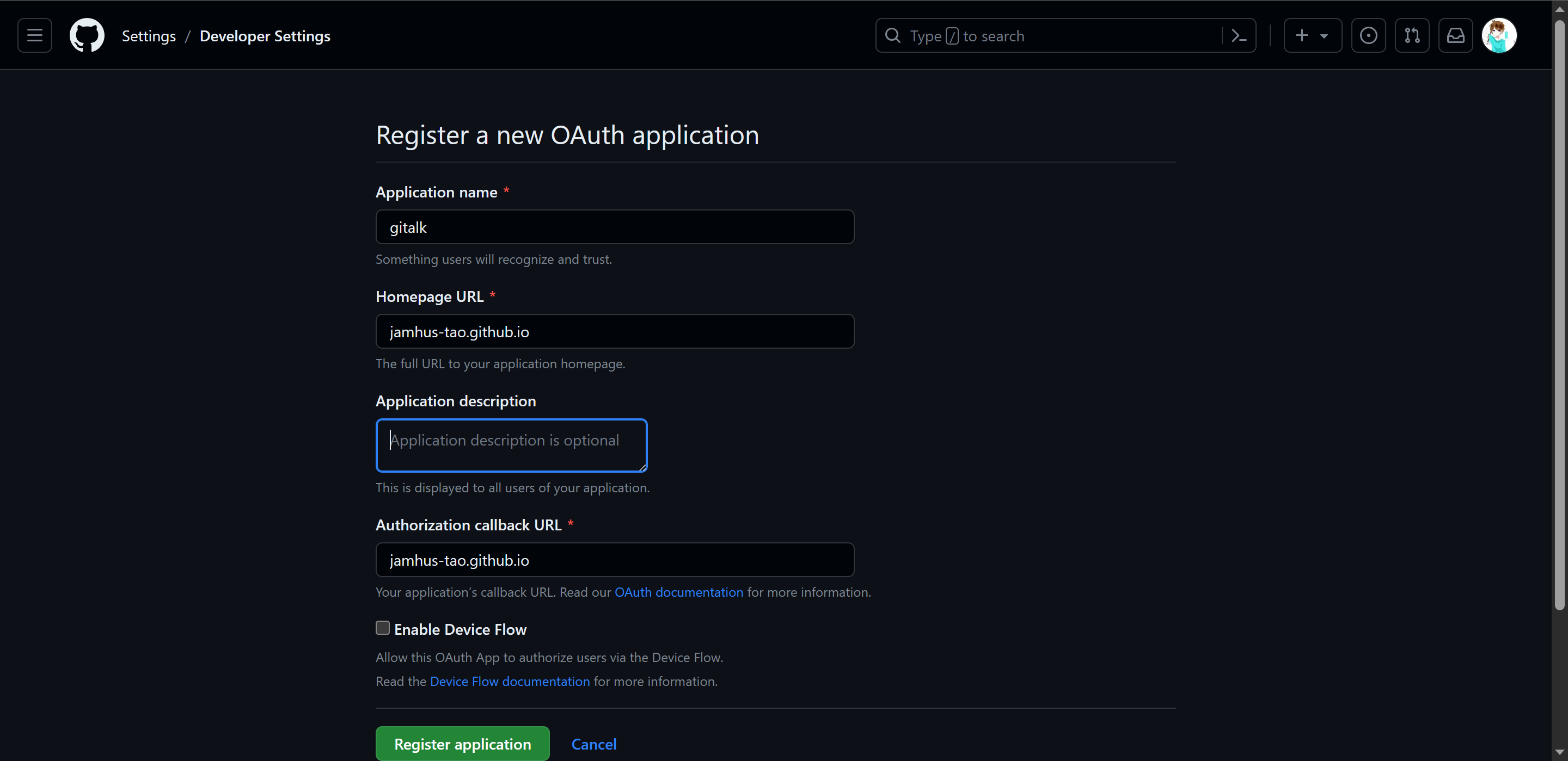 Github OAuth 注册Step3