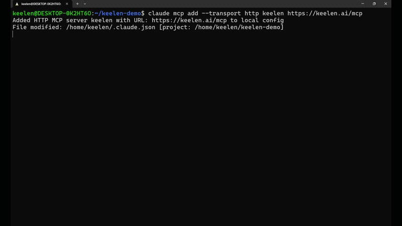 Keelen set-me-up demo: register the MCP server, say "set me up", and the loop ships a merged, tested pull request